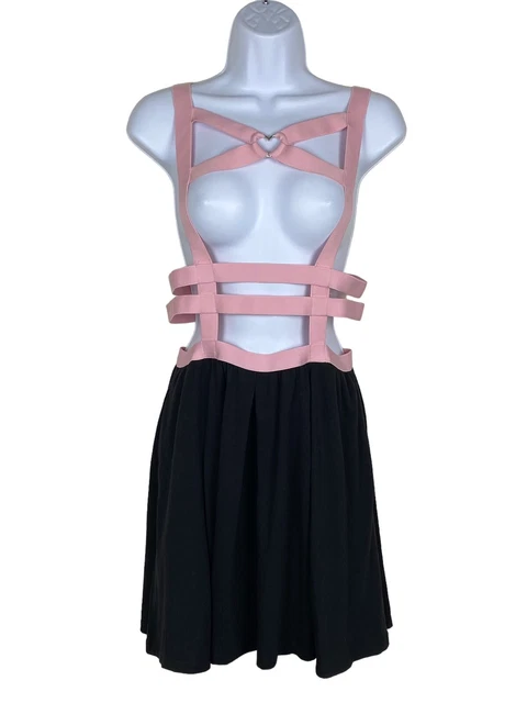 Hot Topic Women's Black and Pink Suspender Skirt  Size M