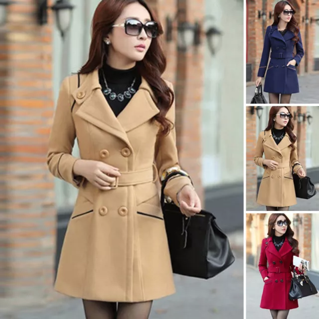 Women's Double-Breasted Wool Trench Coat Slim Long Jacket Warm Overcoat Outwear 3