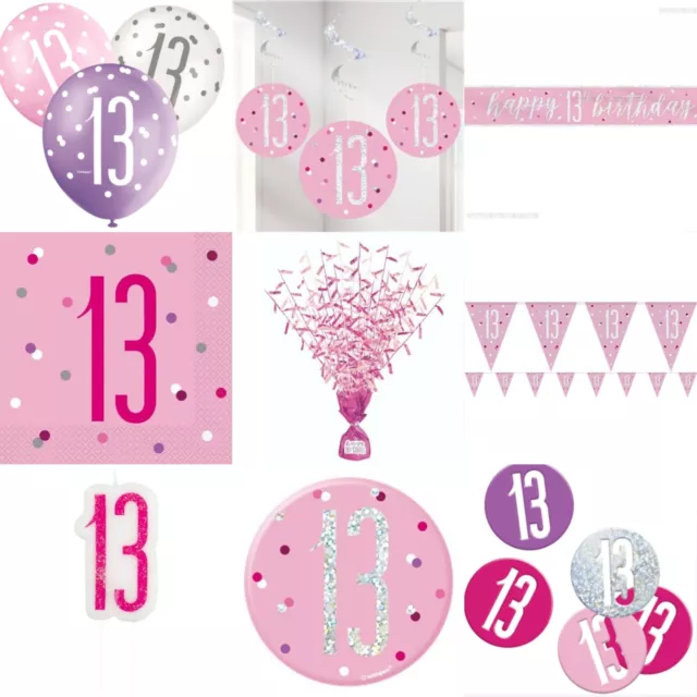 13th Glitz Pink Happy Birthday,Banner,Bunting,Balloon,Confetti,Badge,Napkin