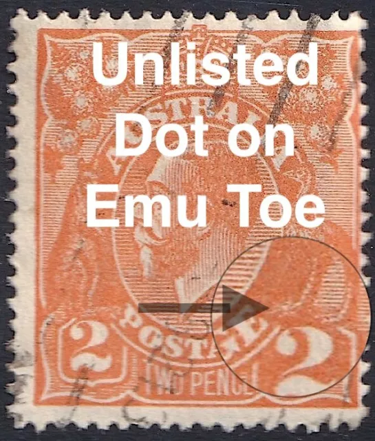 2d ORANGE KGV SINGLE WMK ERROR * UNLISTED FLAW *WHITE DOT ON EMU'S TOE*  ACSC 95