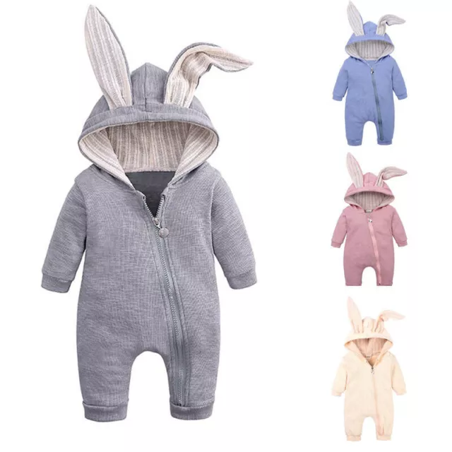 Newborn Baby Boy Girl Rabbit Bear Hooded Romper Jumpsuit Bodysuit Outfit Clothes