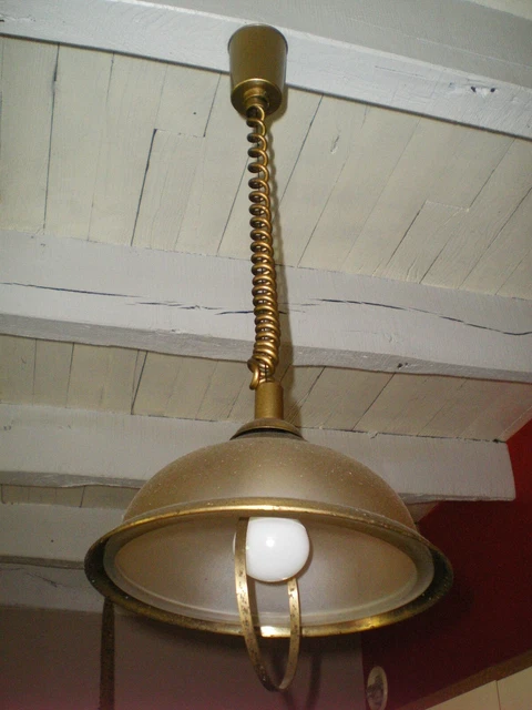 ANCIEN LUMINAIRE SUSPENSION Lustre RETRACTABLE 38 CM Laiton Et Verre