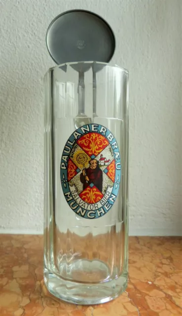 Alter, schöner Bierkrug Bierglas mit Zinndeckel Paulanerbräu 0,5 l