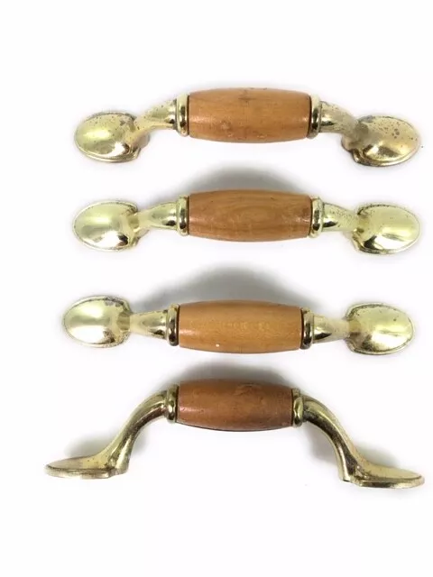 Drawer Pulls Handles Brass & Wood Fixed Grip for Cabinet Dresser  5" Wide