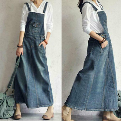 Womens Loose Retro Denim Full Length Dress Maix Suspender Jeans Overall Skirt