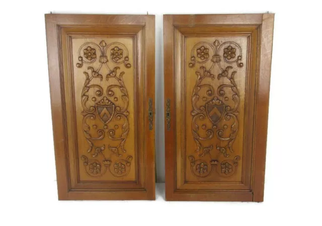 Pair  Hand Carved Wooden  Door Panels Reclaimed Architectural Medieval Style Flo