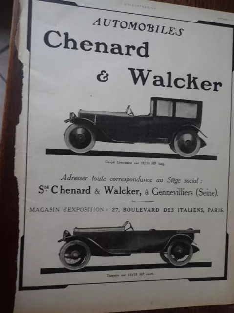 CHENARD & WALCKER torpédo coupé limousine 96 publicité papier ILLUSTRATION 1920
