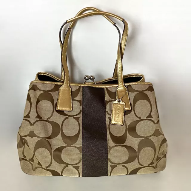 Coach Signature Stripe Framed Kisslock Carryall Tote Satchel Bag