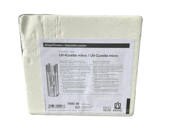 New BRAND® UV Cuvette Micro, Sealed Box Of 100 - 759230, 70 μL, 15mm