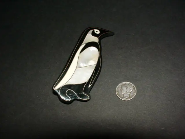 Large - mother of pearl inlaid - PENGUIN PIN brooch - black plastic