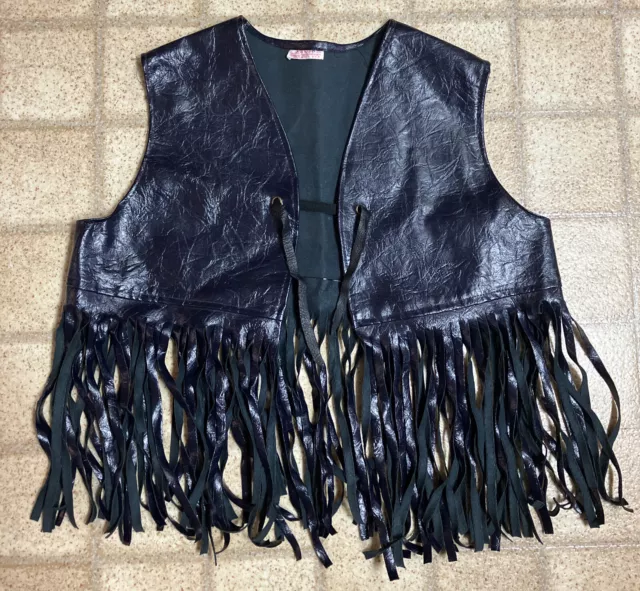 VINTAGE 70s SEARS ROEBUCKS Fringed Dark Blue Vinyl Latex Hippie Vest M 15 1/2