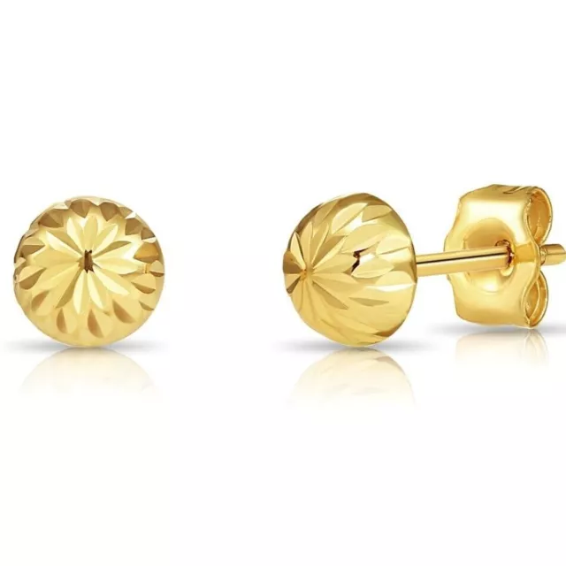 14K Real Solid Gold Diamond-Cut Half Ball Bead Sleeper Studs Earrings Push-back