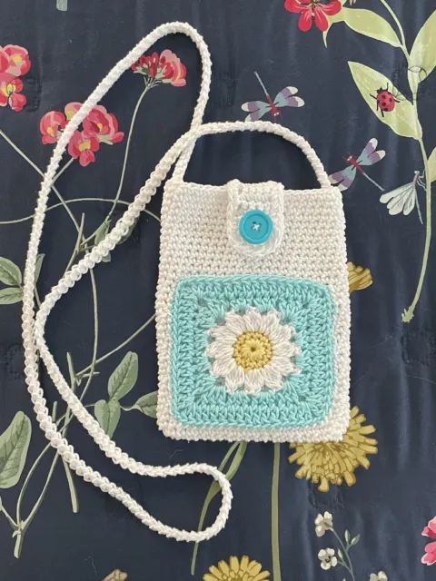 New Crochet Cell Phone Mini Bag Cotton Knit Purse White Crossbody Daisy Pocket