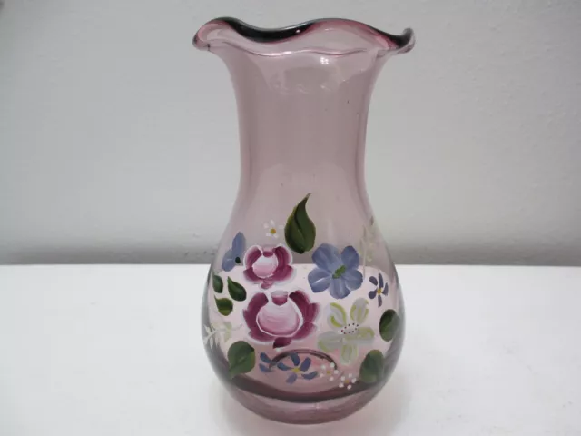 Fenton Glass Designed Vase for Teleflora Purple Amethyst Hand Painted Flowers 8"