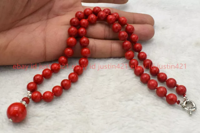 Genuine Natural 8mm Red Coral Round Beads Gemstone Pendant Necklace 18" 2