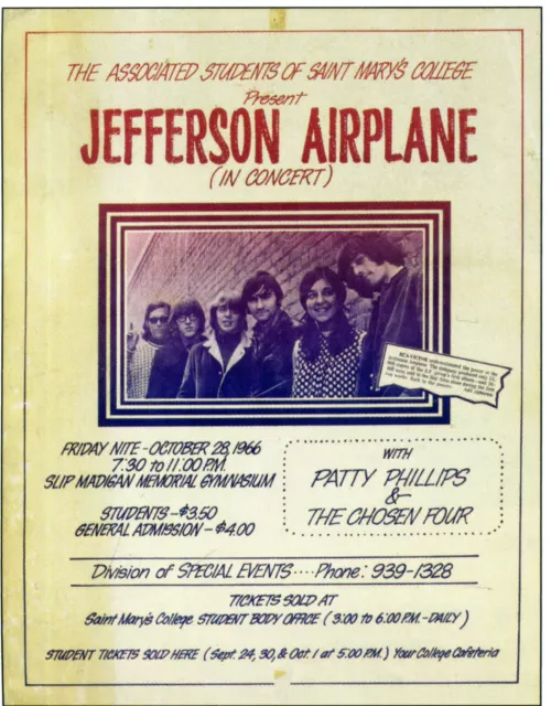 JEFFERSON AIRPLANE Concert Window Poster - Saint Mary's College 1966 reprint