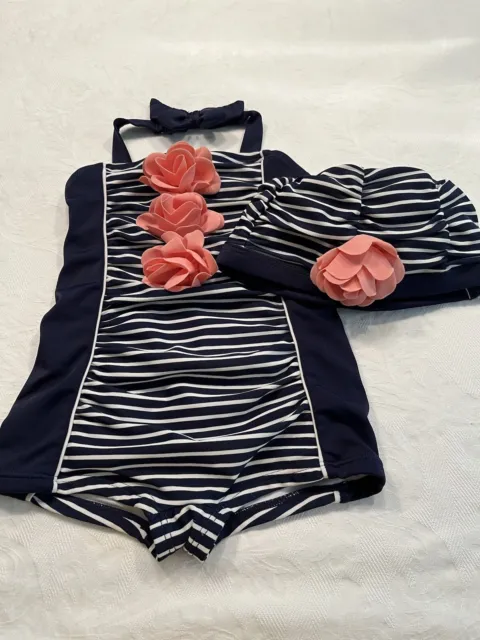 Janie And Jack Infant Girl Swimsuit/Hat 12-18mos Navy/White