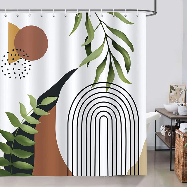 Green Leaf Mid Century Abstract Shower Curtain for Bathroom Boho Arch Sun Decora