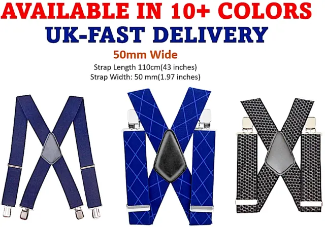 Mens Xxl 50Mm Wide Heavy Duty X Shape Braces Elastic Suspenders Trouser Clips Uk