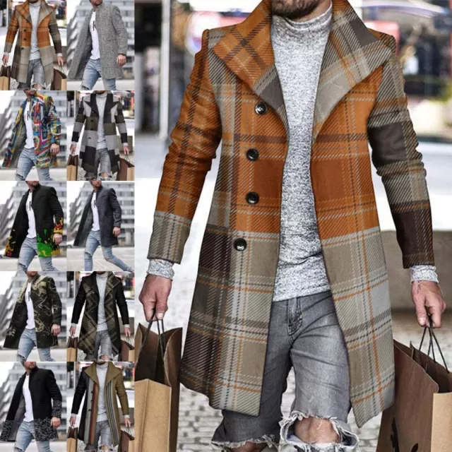 Men's Outwear Long Sleeve Jacket Mens Winter Warm Slim Fit Plaid Trench Coat