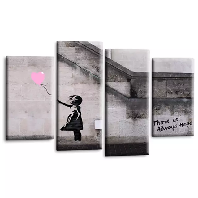 Banksy Balloon Art Print Pink Grey Heart Girl Framed Split Panel Wall Picture