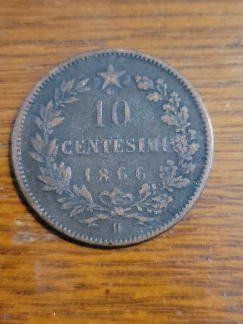 1866 H Italy 10 Ten Centesimi Vittorio Emanuele II Re D' Italia Coin