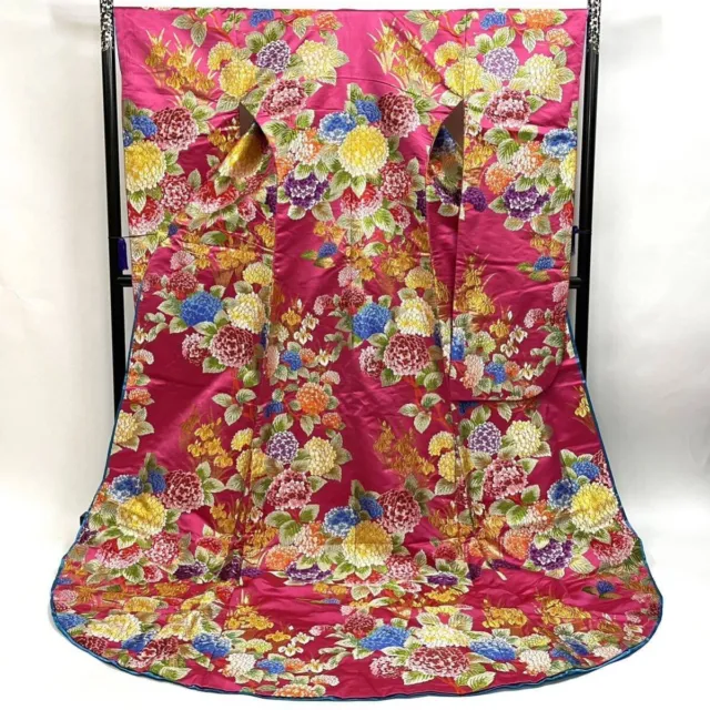Japanese Kimono Uchikake Luxurious Wedding Pure Silk 226cm Pink Flower K1505