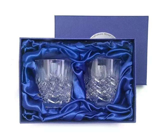 PAIR HAND CUT CRYSTAL WHISKY TUMBLERS Quality Glass Superb Mens Gift SATIN BOX