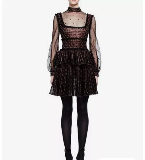 Alexander McQueen ALTERED 2016 Black/Red/Gold Mesh-Knit Tiered Mini Dress sz XL