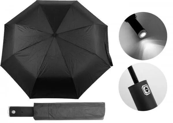 Mens Women Auto Open/Close Black Folding Umbrella with Built-in Torch UK SELLER