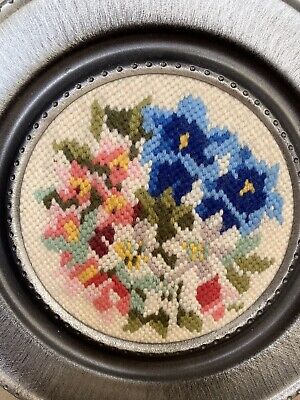 Old Decorative Hanging Plate Floral Multicolour Embroidery in Round Metal Frame