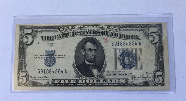1934 D Silver Certificate $5 Five Dollar Fancy Serial# Trip 8s, Part Radar,Crisp