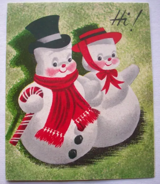Snowman couple glitter vintage UNUSED Christmas greeting card *FF12