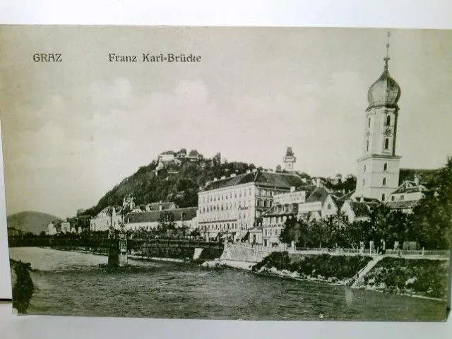 Graz. Franz Karl Brücke. Alte AK s/w. Brückenansicht, Kirche, Ortsansicht an der