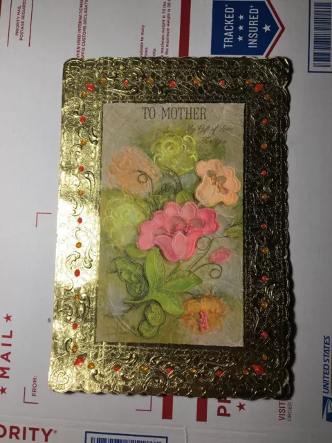 VTG Hallmark MOTHER’s Day Card Hall-Gems Embossed Glitter Gift of Love Used Gold