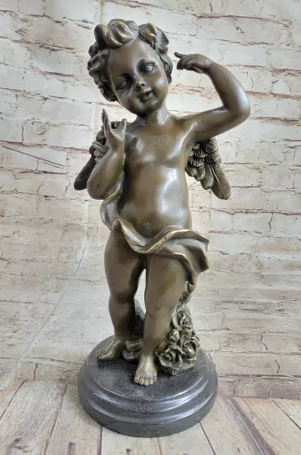 Rare Bronze Cupid Cherub Signed Statue Marble Base Eros Moreau Fast Shipping