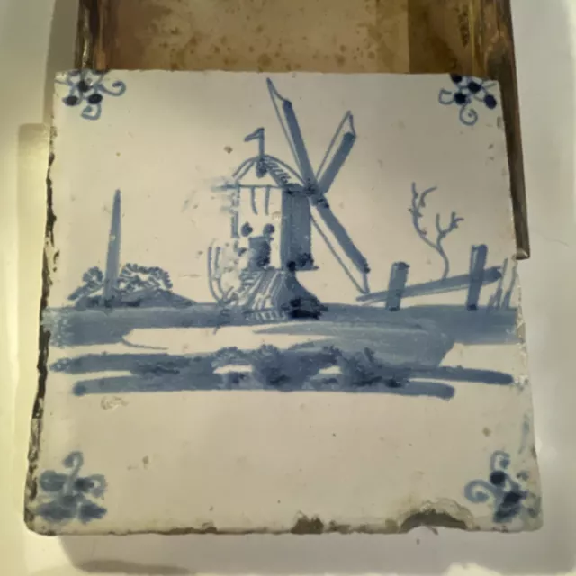 Antique Vintage Blue and White Delft Tile Windmill Scene