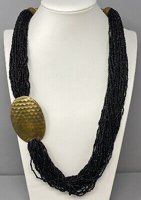 Vtg Asymmetrical Layered Black Seed Bead Necklace Brass Tone Hammered Disc 30"