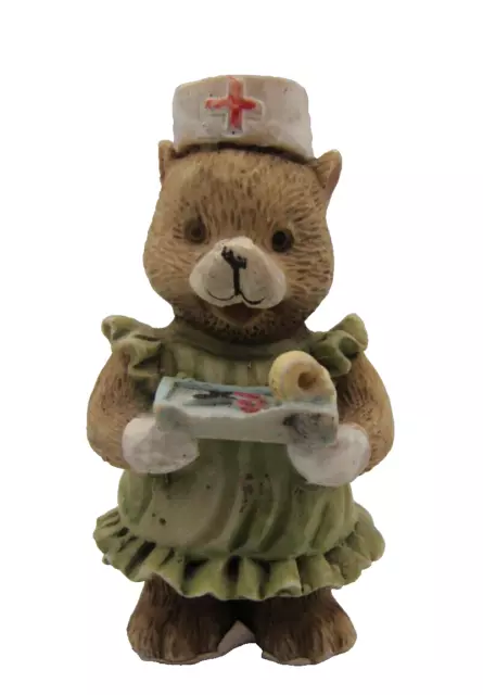 Vintage Miniature Nurse Bear with Green Dress 2.25" Animal Figurine Collectible