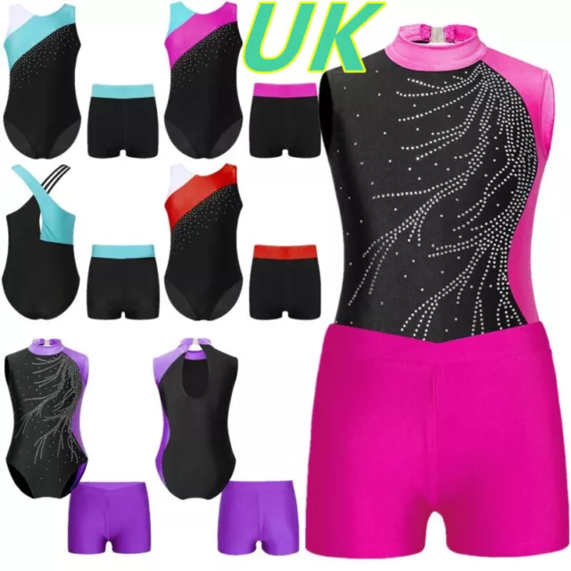 UK Kids Girl's Gymnastic Leotard Unitard with Shorts Gym Athletic Dance Bodysuit