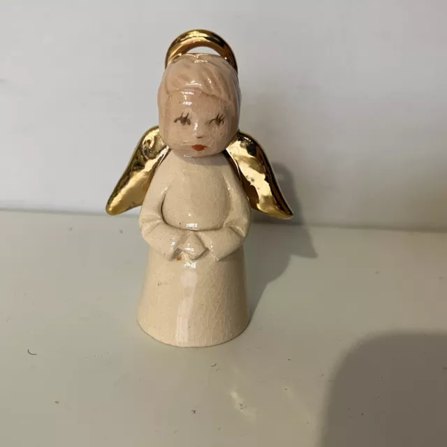 Handgefertigte Studio Keramik Miniatur Engel Figur Gold Kronleuchter Weihnachten signiert