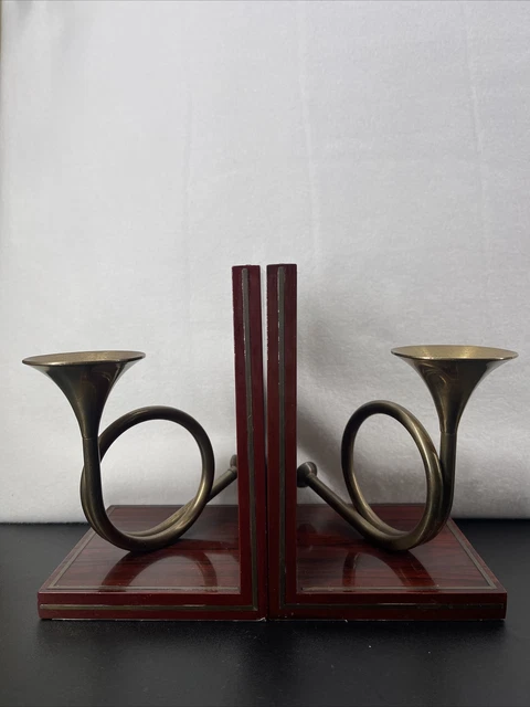 Vtg Toyo Pair of Brass French Horn Bookends  Mahogany Wood Base Made in Korea
