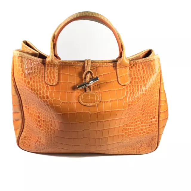 Longchamp Roseau Brown Embossed Leather Large Tote Shoulder Bag 13”