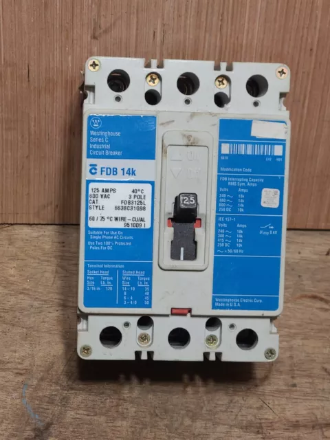 Westinghouse FDB3125 Molded Case Circuit Breaker 125A 3P 600V Series C