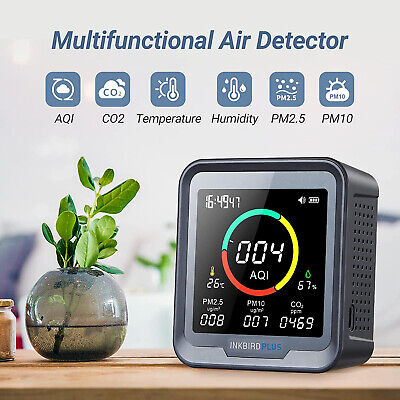 6-in-1 Indoor Air Quality Monitor Detects CO2 PM2.5 PM10 AQI Temp Humid Alarm CF