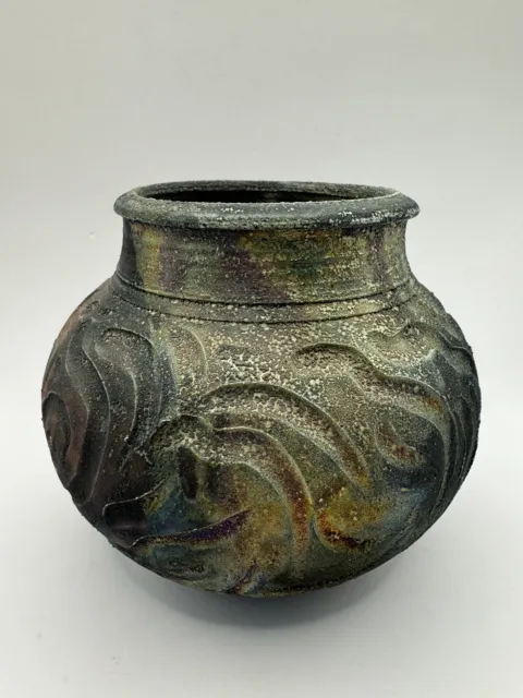 Iridescent Raku Pottery Vase Earth Tones Signed