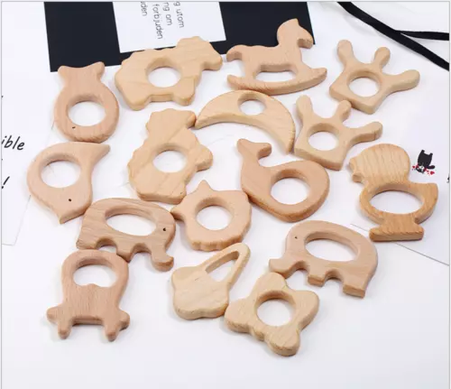 12x Beißringe aus Holz in verschiedenen Formen Schnuller Ring Baby Spielzeug DE