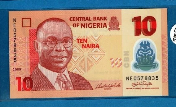 Nigeria 2009 Unc Polymer 10 Naira Banknote Paper Money Currency  -  L-8