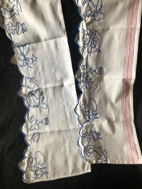 Pair Vintage French Hand Embroidered Shelf Trims Mushrooms and Rabbits