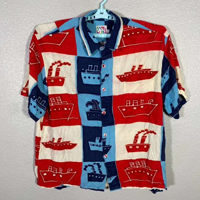 Jams World Shirt Mens 2XL Blue Red White Hawaiian Button Up Steam Boat Rayon *